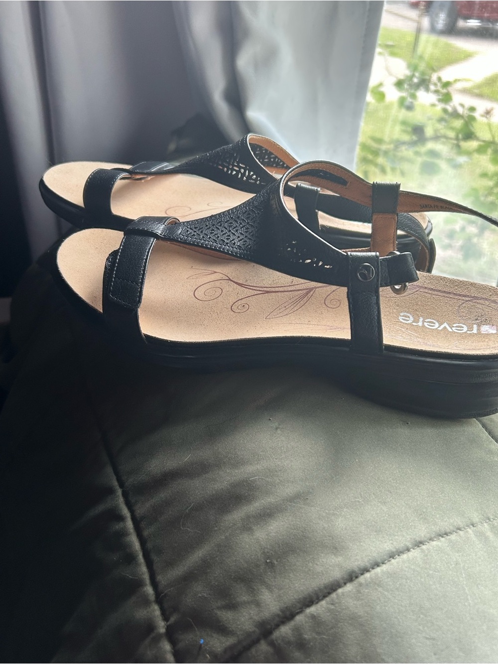 Black Women's T-Strap Comfort Sandals with Adjustable Ankle Strap Revere